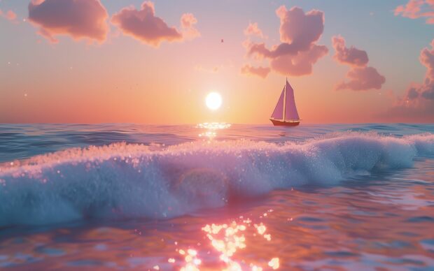 Tranquil beach sunset HD Background with a sailboat on the horizon.