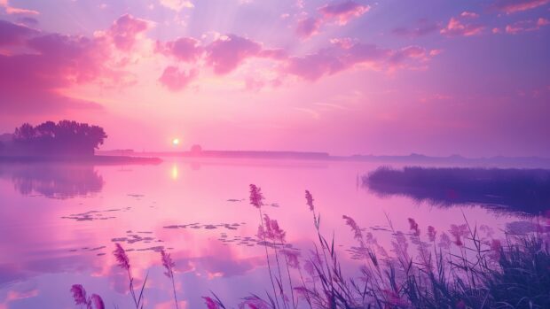Tranquil lake 4K OLED Desktop Background with colorful reflections and a peaceful atmosphere.