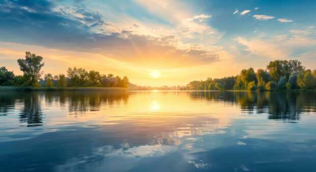 Tranquil lake with colorful reflections and a peaceful atmosphere, Sunset HD Wallpaper.
