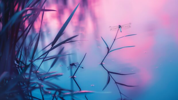 Tranquil pond surrounded by reeds, dragonflies, soft evening light, Nature Wallpaper HD desktop free download.