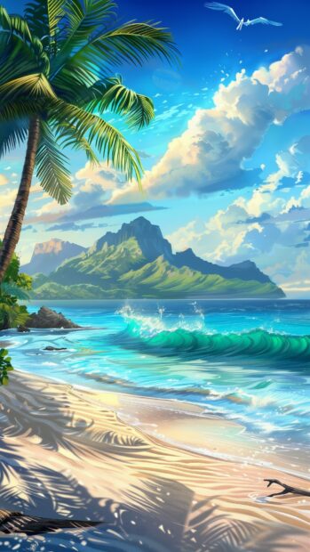 Tropical beach with white sand, turquoise waters, swaying palm trees, and vibrant sunset, Nature Aesthetic Background.