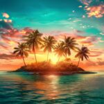Vibrant tropical island with palm trees at sunset, colorful sky and calm ocean waters, perfect for relaxing wallpaper backgrounds.