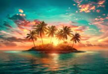 Vibrant tropical island with palm trees at sunset, colorful sky and calm ocean waters, perfect for relaxing wallpaper backgrounds.