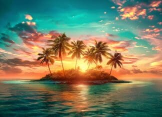 Vibrant tropical island with palm trees at sunset, colorful sky and calm ocean waters, perfect for relaxing wallpaper backgrounds.