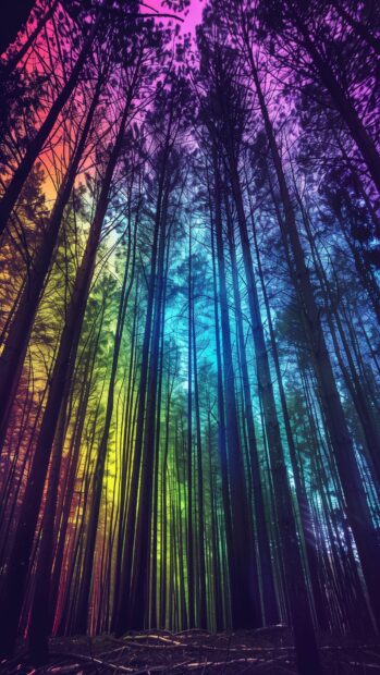 Vibrant Northern Lights Wallpaper illuminating a dense forest.