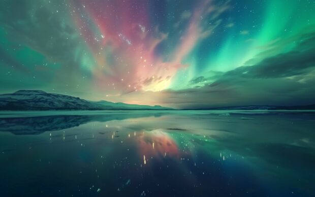Vibrant Northern Lights over a calm lake, reflecting in the water.