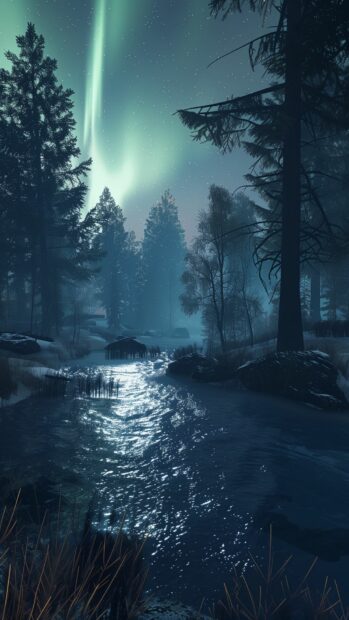 Vibrant Northern iPhone Wallpaper Lights illuminating a dense forest.