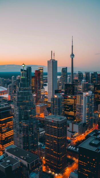 Vibrant city skyline at sunset, the buildings glowing orange, cute background.