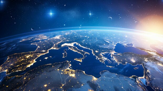 View of Earth from space with vibrant continents and glowing city lights.