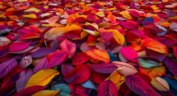 Wallpaper Autumn leaves creating a vibrant carpet on the forest floor.