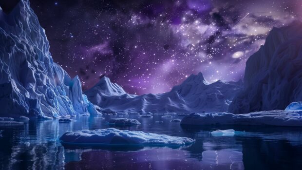 Wallpaper HD Northern Lights illuminating an arctic landscape with icebergs.