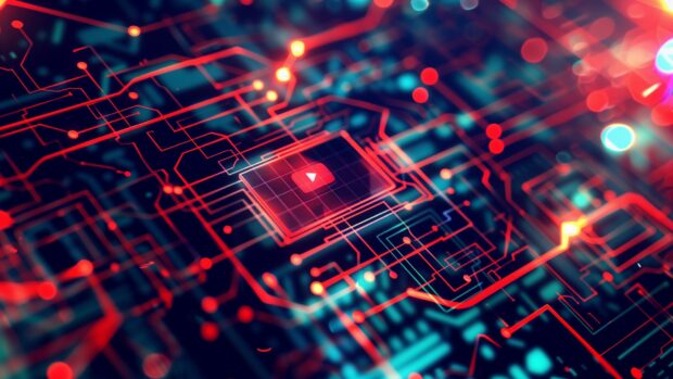 YouTube wallpaper with a tech inspired design, incorporating circuit patterns and digital elements.