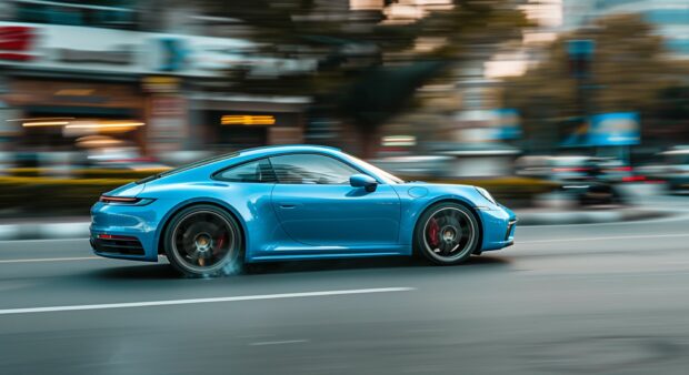 blue porsche car driving fast panning shot side view for desktop background.
