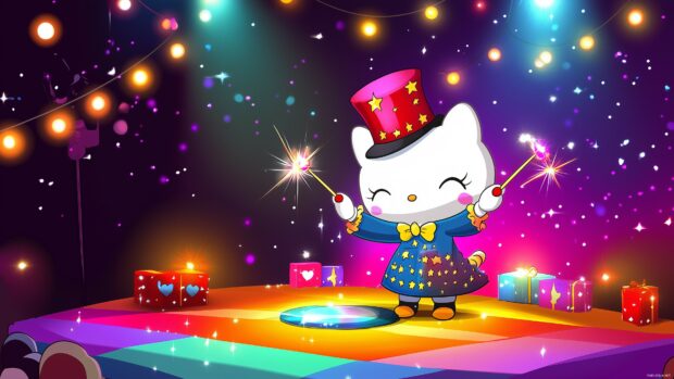 4K wallpaper with Hello Kitty dressed as a magician, performing tricks on a colorful stage with sparkling lights and magic wands.