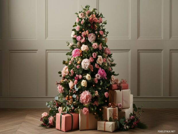 A Christmas tree decorated with flowers and natural elements.