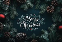 Christmas wreath with pine branches, pinecones, and red ornaments on a dark background.