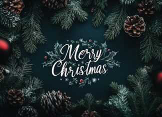 A beautiful 1920x1080 image of Christmas ornaments, pinecones, and holly, with text Merry Christmas in a whimsical.