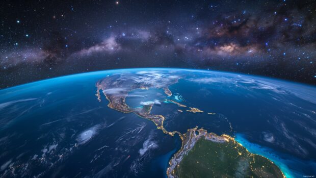 A breathtaking view of Earth from space, with vibrant blue oceans and lush green continents, 4K desktop wallpaper.