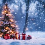 Frosted Christmas tree with glowing lights and wrapped presents in snow, winter holiday scene, festive outdoor decoration, holiday wallpaper, cozy Christmas celebration.