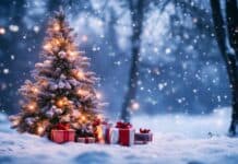 Frosted Christmas tree with glowing lights and wrapped presents in snow, winter holiday scene, festive outdoor decoration, holiday wallpaper, cozy Christmas celebration.