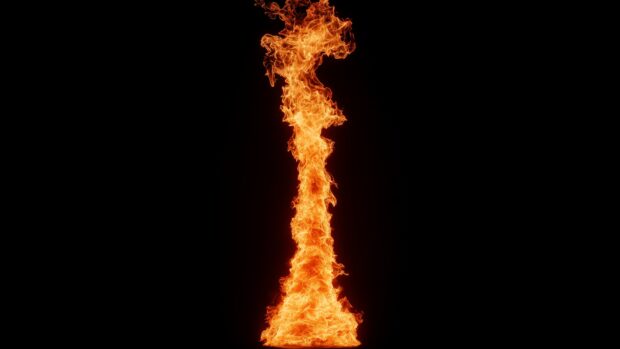 A single towering column of red flames rising from the bottom, illuminating the pure black background with fiery intensity.
