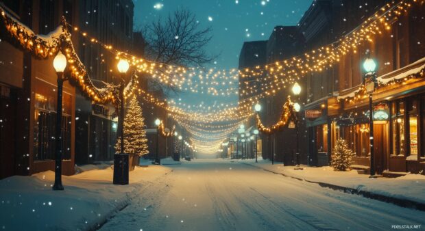 A snow covered street with vintage style Christmas lights HD Wallpaper.