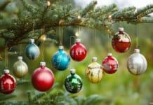 Colorful Christmas ornaments hanging on a pine tree branch with warm lights and a blurred green background.