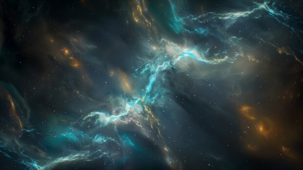 A vivid galaxy 4K Wallpaper with electric blue and green colors, and shimmering stars.