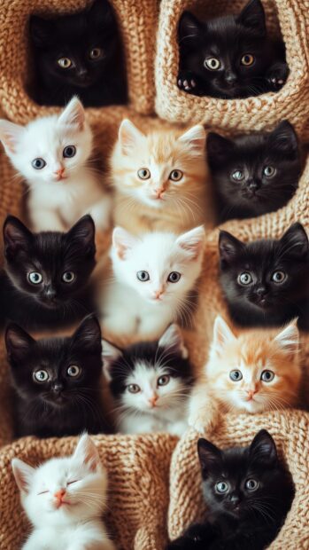  Aesthetic mobile Wallpaper with a visually appealing collage of lovely cats, including a variety of white, black, and cute kittens.