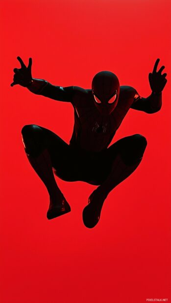 Black Silhouette of Spiderman against a bright red background.