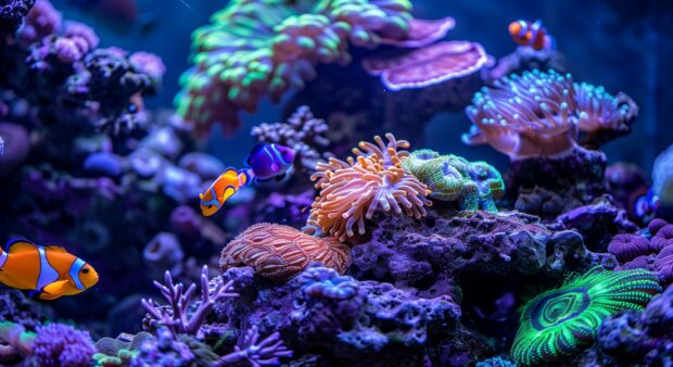 Colors of a bustling coral reef, teeming with diverse marine life including clownfish, sea turtles, and colorful coral formations.