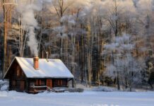 Cozy wooden cabin surrounded by snow-covered trees in a peaceful winter scene.