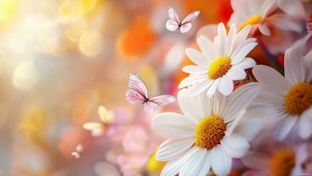 Cute flower wallpaper 4K with whimsical daisies, colorful butterflies.
