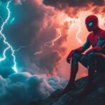 Desktop HD Wallpaper with Spiderman facing a fierce storm, with lightning illuminating the sky.
