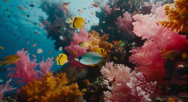 Explore the vibrant colors of a coral reef, with tropical fish darting through the coral formations.