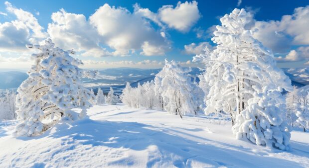 Fresh winter snow on a mountain landscape HD Wallpaper.