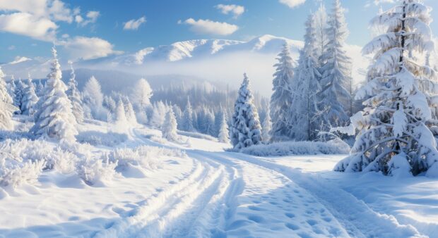 Fresh winter snow on a mountain landscape desktop background.