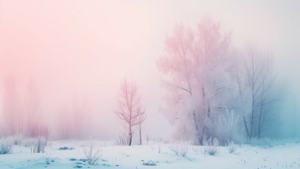 Frosty morning in a winter wonderland with a pink sky background.