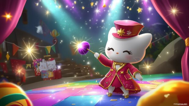 Hello Kitty 3D dressed as a magician, performing tricks on a colorful stage with sparkling lights and magic wands.