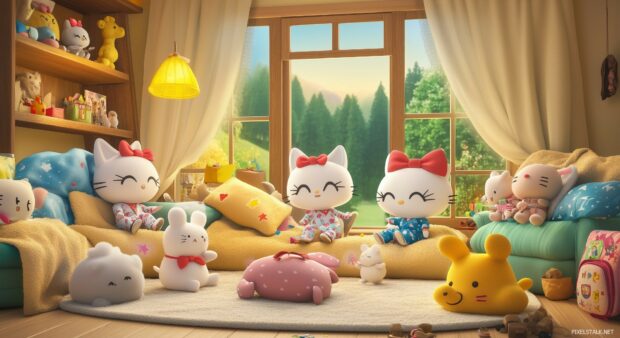 Hello Kitty and friends having a pajama party, surrounded by pillows, blankets.
