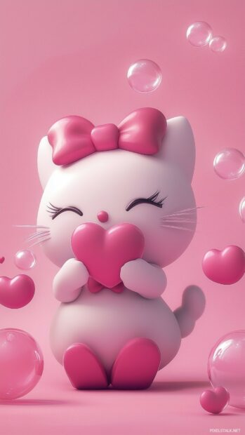 Hello Kitty blowing a kiss, with floating heart bubbles around her and a soft pink background.