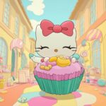 Hello Kitty holding a giant cupcake, with candy and sweets scattered around in a whimsical.