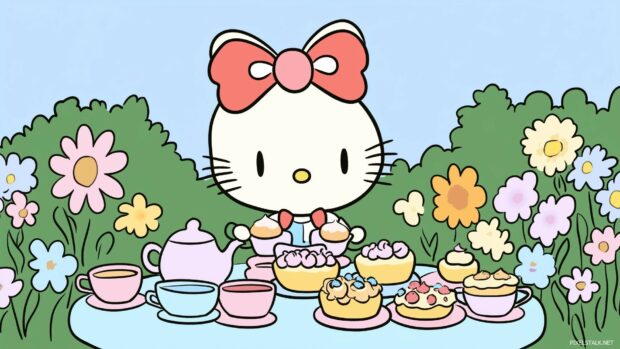 Hello Kitty hosting a tea party in a flower filled garden, with cute teacups and pastries on a pastel colored table.