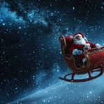 Santa Claus flying in his sleigh through a starry night sky with a blanket of snow below.