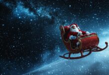 Santa Claus flying in his sleigh through a starry night sky with a blanket of snow below.