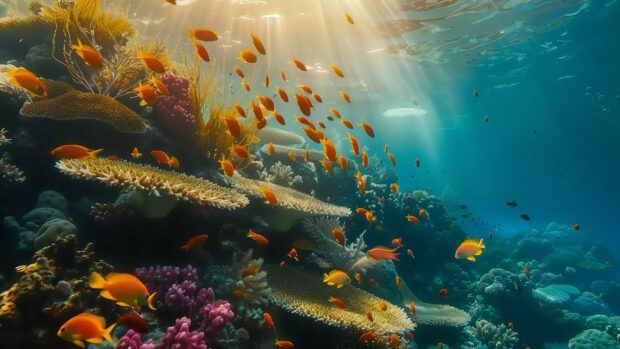 Sea Desktop 4K Wallpaper with an underwater view of a vibrant coral reef teeming with colorful fish and marine life, sunlight filtering through the water.