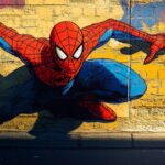 Spiderman and his shadow cast on a wall with bright comic book style backgrounds.