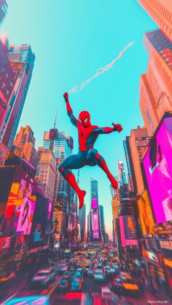 Spiderman swinging through the city with bright, bold comic book colors .
