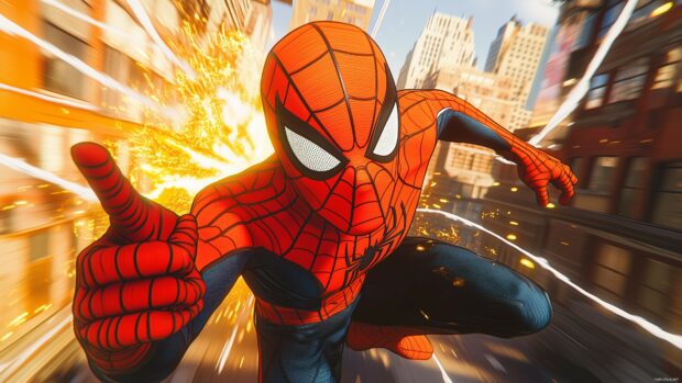 Spiderman zooming through the city streets with comic book style motion lines and bright, comics wallpaper HD.