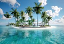 A tropical island with tall palm trees, lounge chairs with umbrellas, and a clear blue ocean under a bright sky with scattered clouds.